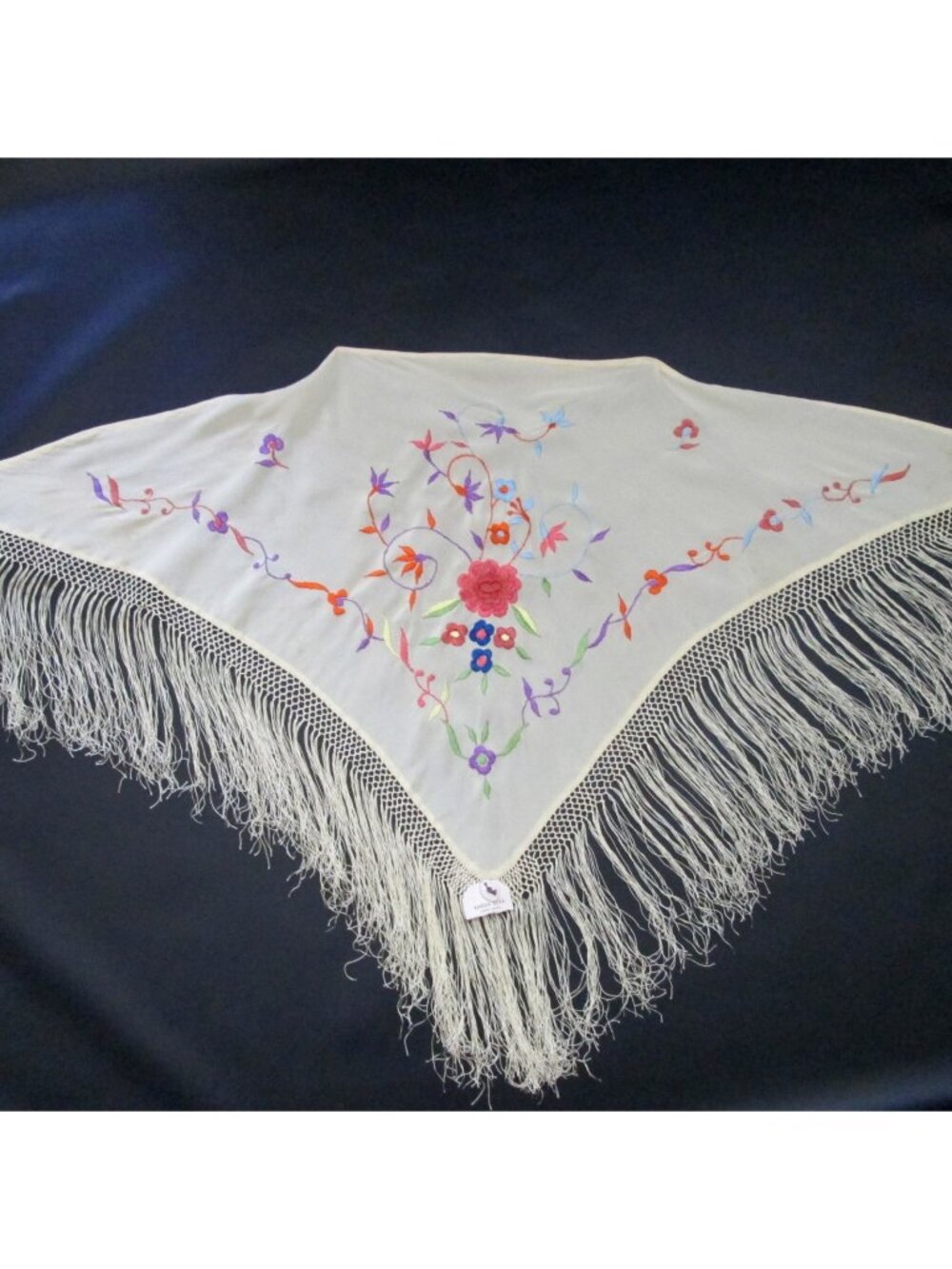Vintage Manila Shawl Floral Embroidery Knotted Fringe 28 x 46 -Small Flaws-